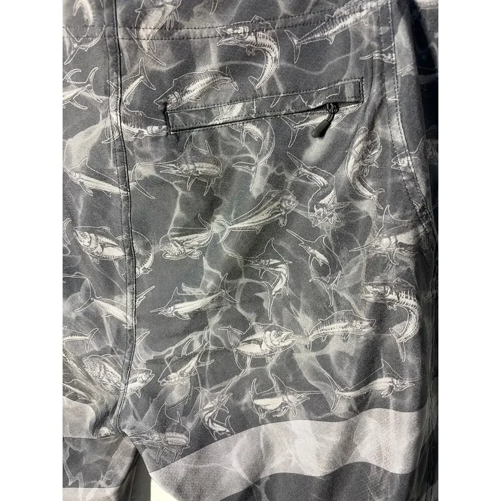 Pelagic Sharkskin Americamo Flag Board Shorts Swim Fishing Black Gray sz 38